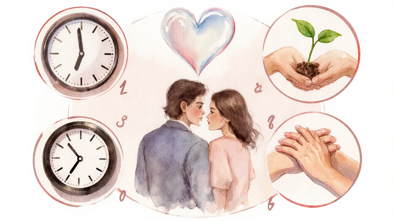 Collage illustrant quatre avantages d’une relation avec une femme célibataire : clarté, disponibilité, croissance, confiance.