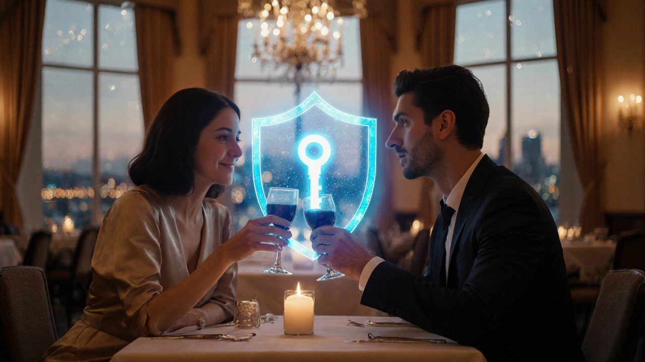 Couple chic se rencontrant dans un restaurant raffiné, ambiance chaleureuse, symbole de sécurité en arrière-plan.