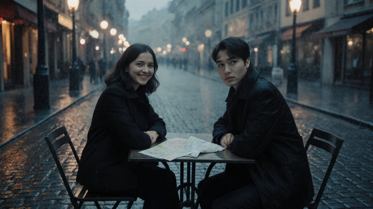 Couple échangeant un regard complice dans un café sous la pluie.