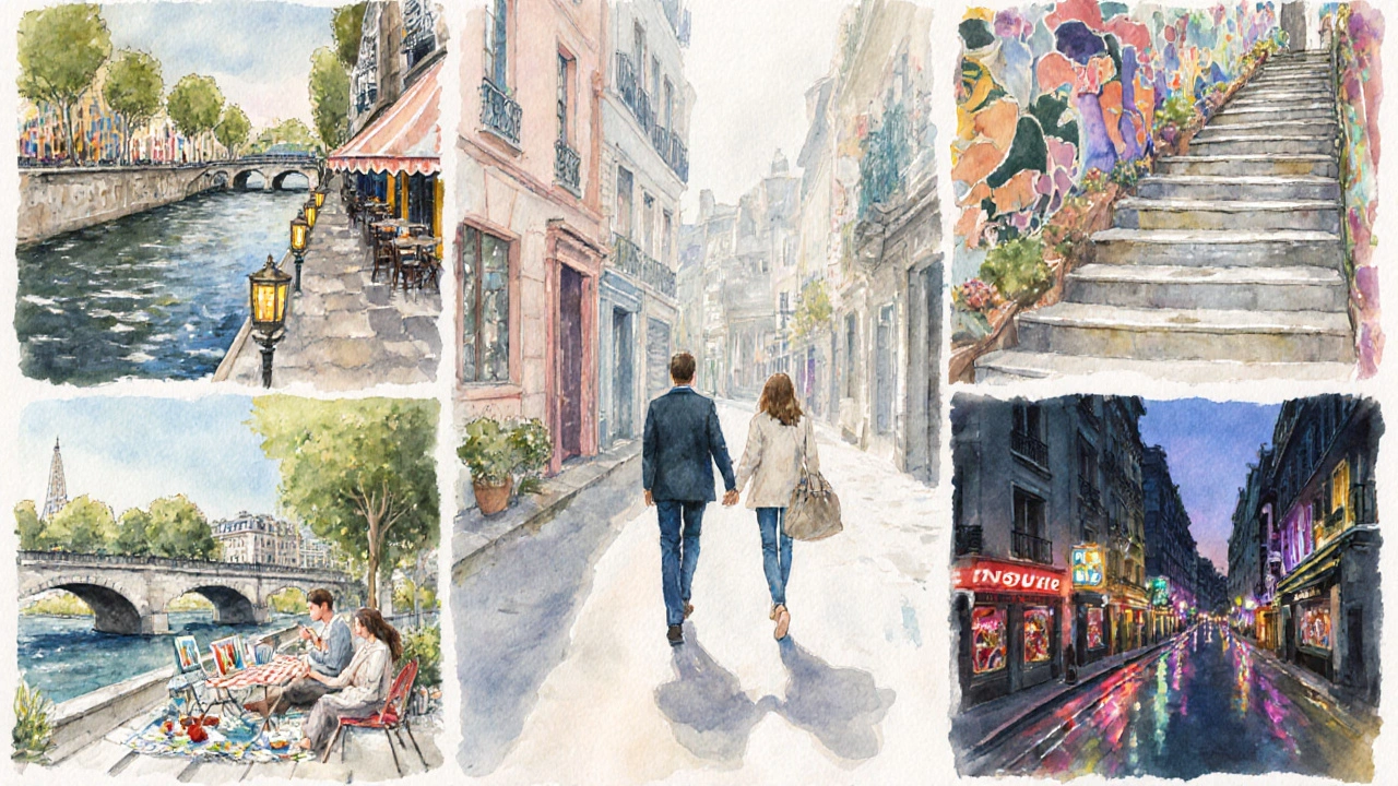 Couple parcourant différents quartiers de Paris, du Marais à Montmartre, en style aquarelle.