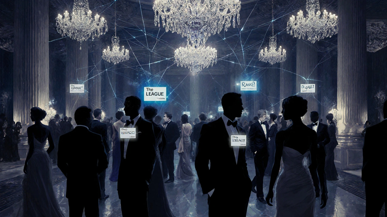 Des personnes élégantes se réunissent dans un événement privé de The League à l'Opéra Garnier, sous les lustres.