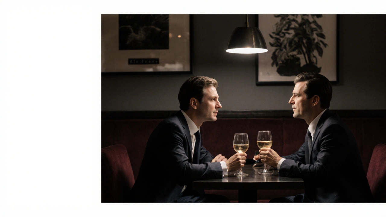 Deux professionnels discutent calmement dans un salon discret à Lyon, dans une atmosphère intime et exclusive.