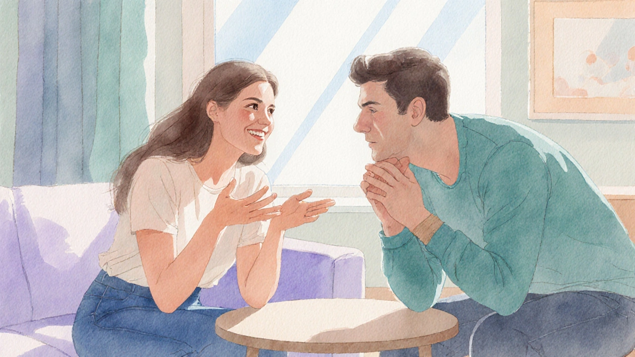 Discussion intime entre deux personnes, l&#039;une écoute attentivement, l&#039;autre raconte avec humour.