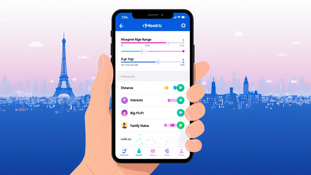 Écran de smartphone montrant les filtres de recherche avancés de Meetic.