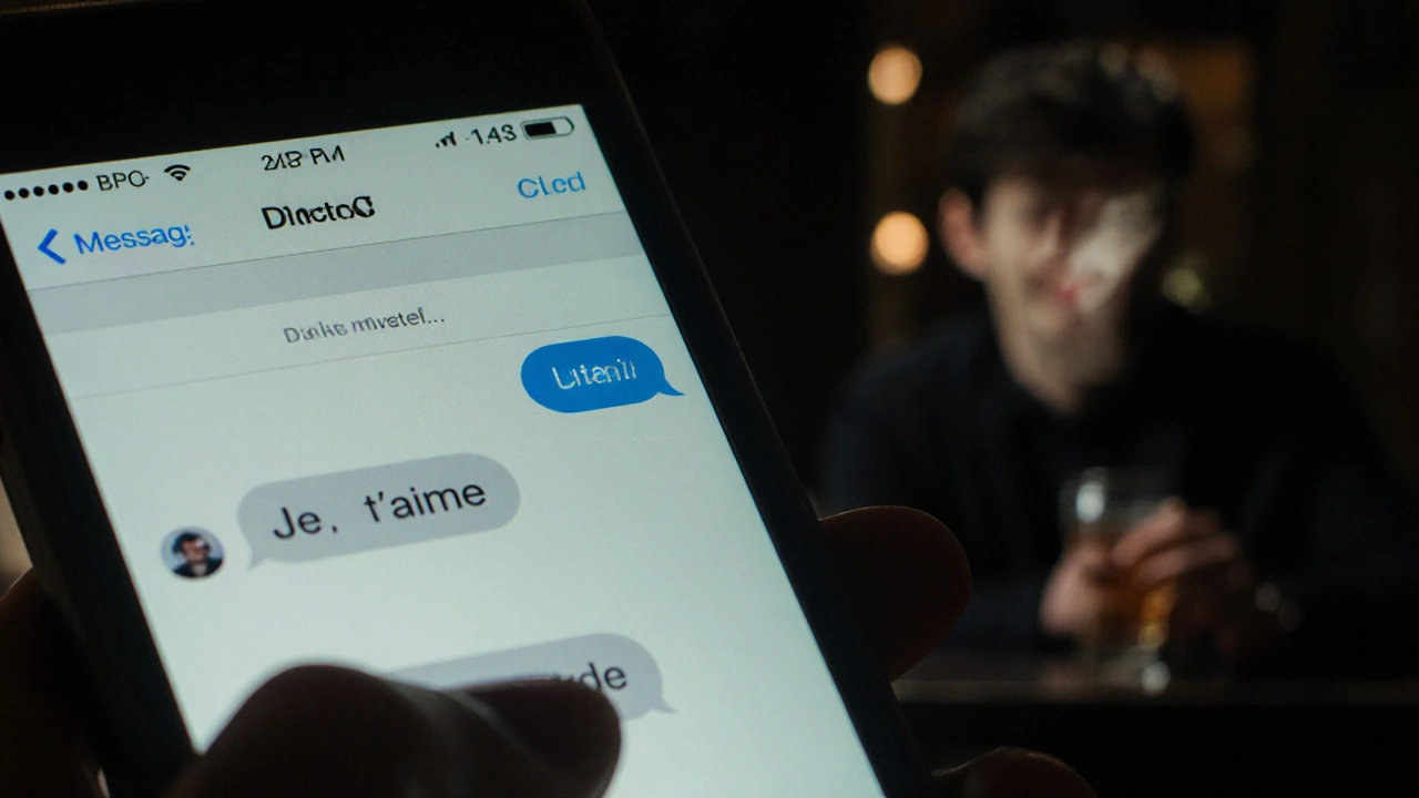Écran de téléphone affichant un message supprimé 'Je t'aime' avec un verre et une main floue en arrière-plan.