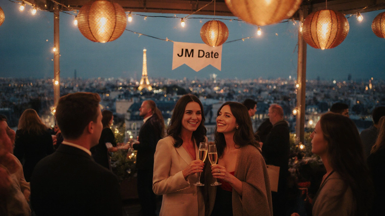 Événement exclusif JM Date sur un rooftop parisien au crépuscule.