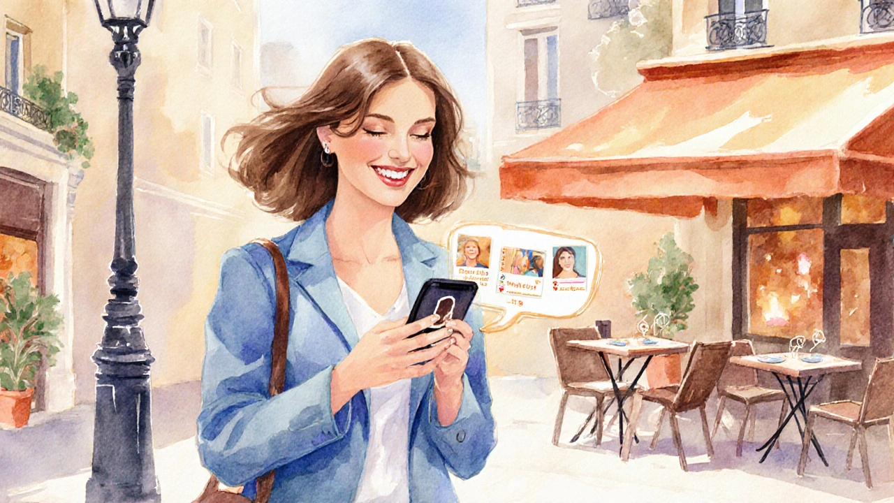 Femme confiante marchant dans une rue parisienne, smartphone montrant un profil complet, café en arrière‑plan.