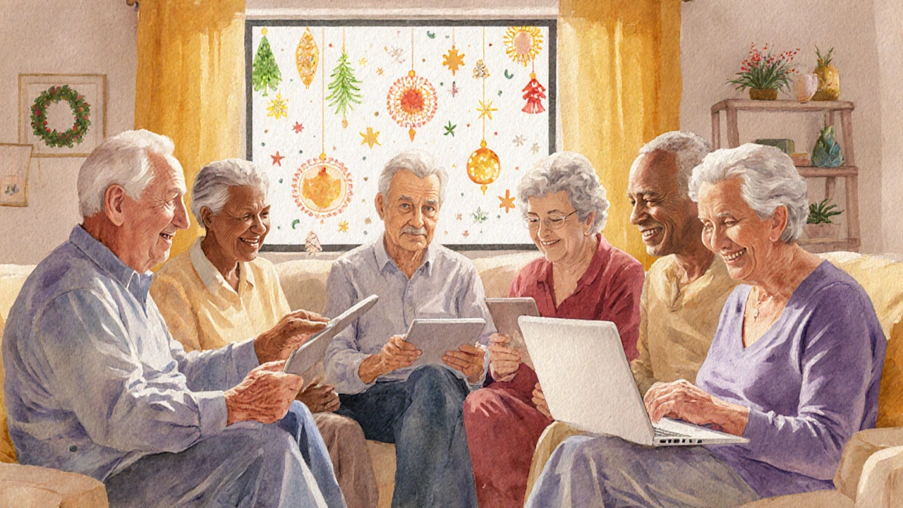 Groupe de seniors participant à un événement virtuel, souriant ensemble.