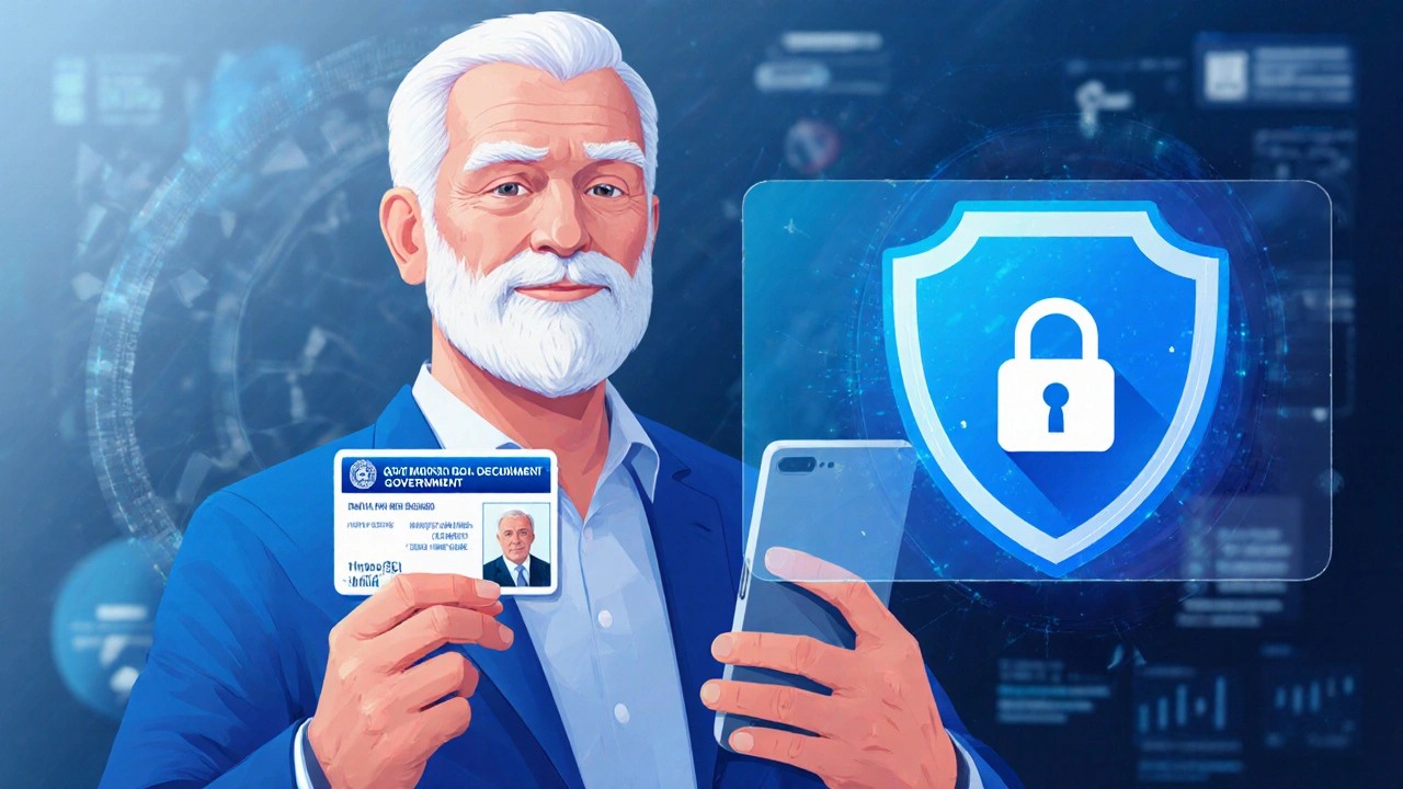 Homme senior montrant sa carte d&#039;identité et prenant un selfie, symbolisant la vérification.