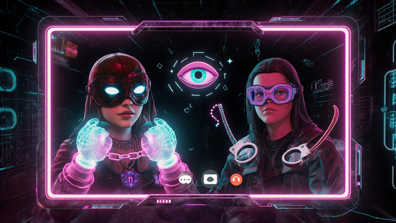 Illustration d&#039;une conversation vidéo AR avec masques holographiques et accessoires numériques.