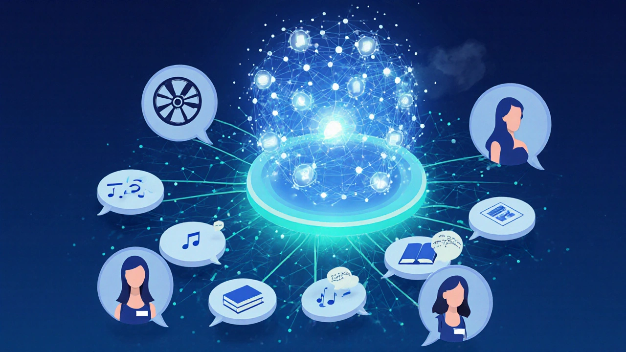 Illustration d’une IA analysant des bulles de conversation et des avatars féminins.