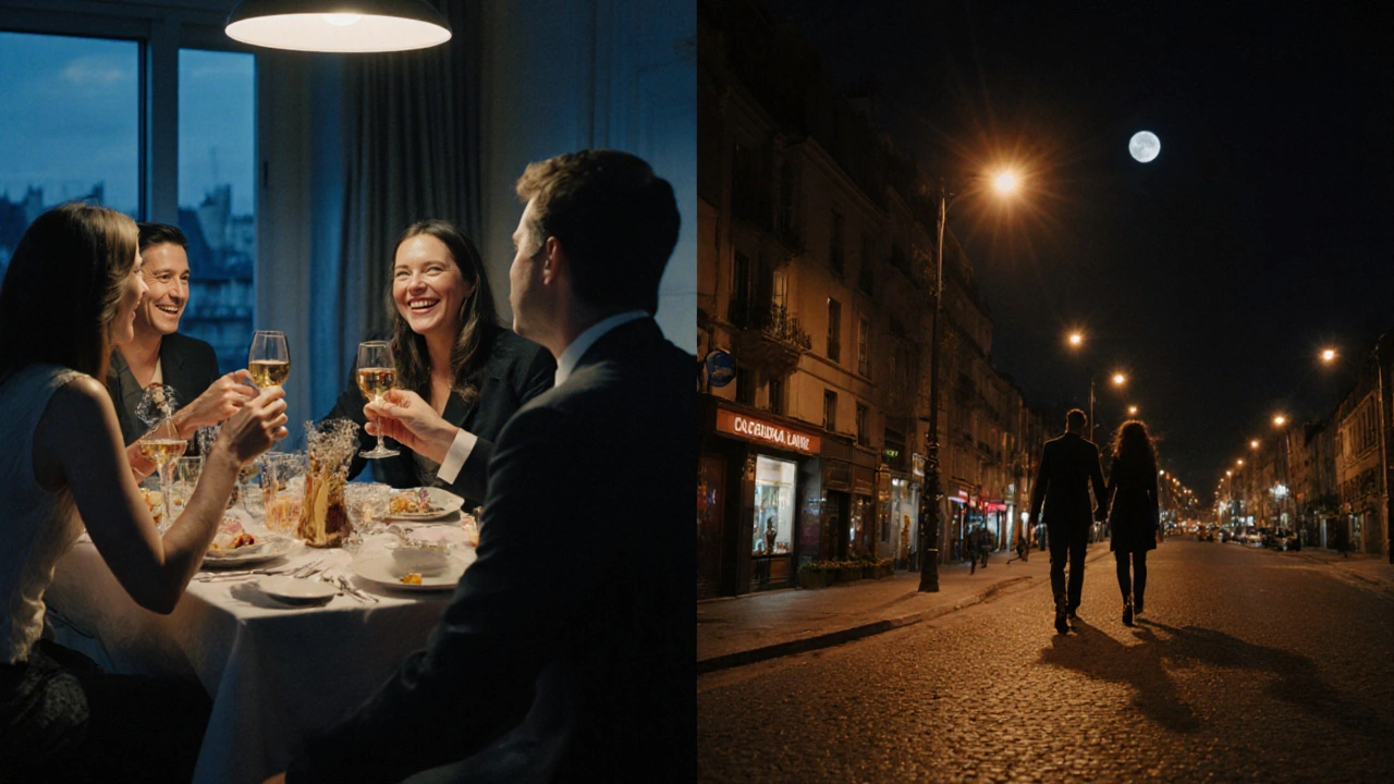 Le couple partage un dîner avec des amis, puis se promène sous les réverbères.