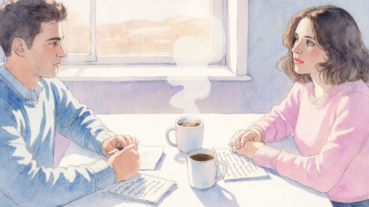 Le duo partage un moment de conversation quotidienne autour d’une table de cuisine.