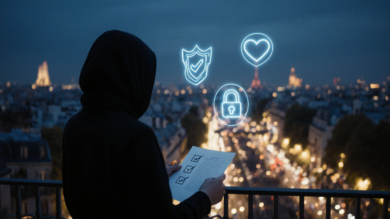 Main tenant une checklist devant la skyline de Paris, avec des icônes de bouclier et de cœur en hologrammes.