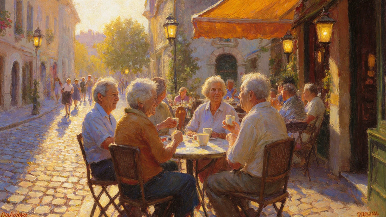 Peinture d’un groupe de seniors se retrouvant lors d’un événement en plein air.