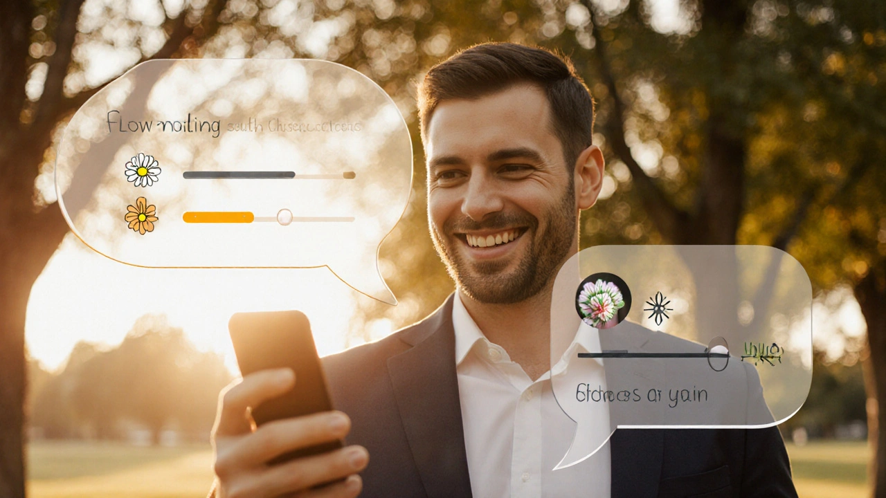 Portrait d'un homme en plein air, sourire, tenant son téléphone, discussion sur le jardinage en arrière-plan.