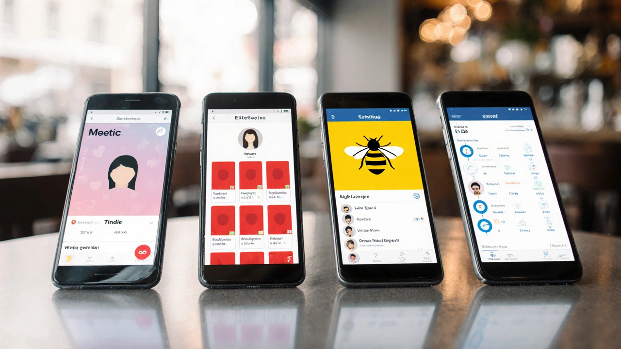 Quatre smartphones affichant les interfaces distinctes de Meetic, Tinder, Bumble et EliteSingles sur une table de café.