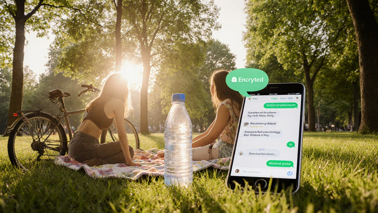 Rencontre verte dans le parc : deux femmes, vélo, pique‑nique et conversation sécurisée sur smartphone.