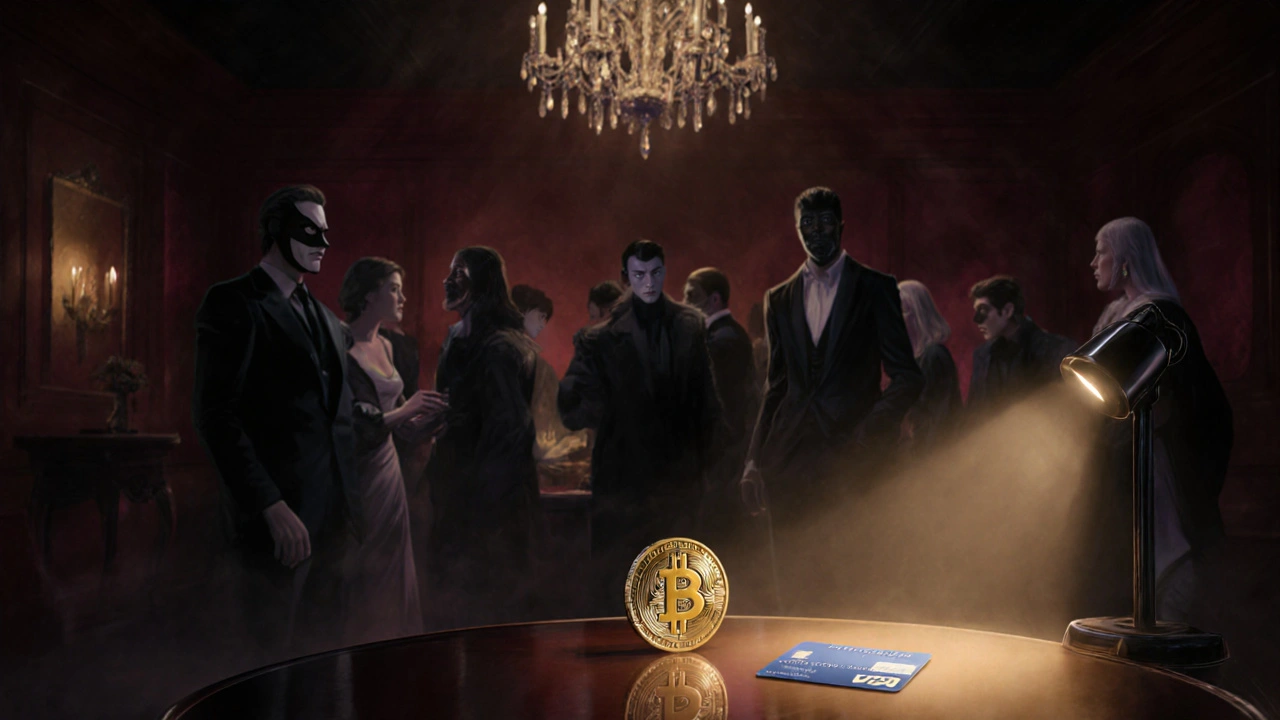 Scène d&#039;un rassemblement libertin élégant, masques, crypto‑coins et ambiance discrète.