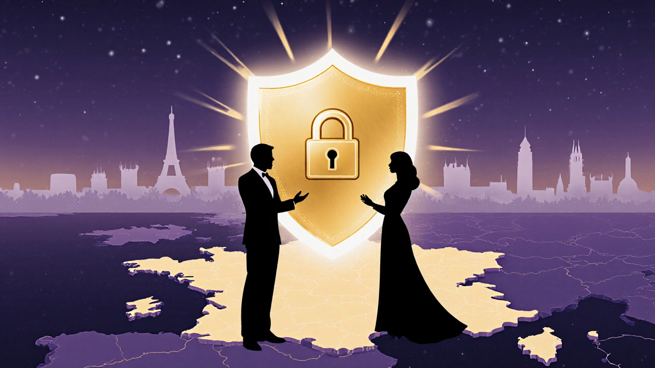 Silhouettes d'un couple sous un bouclier de sécurité symbolisant la confiance sur une carte de France.