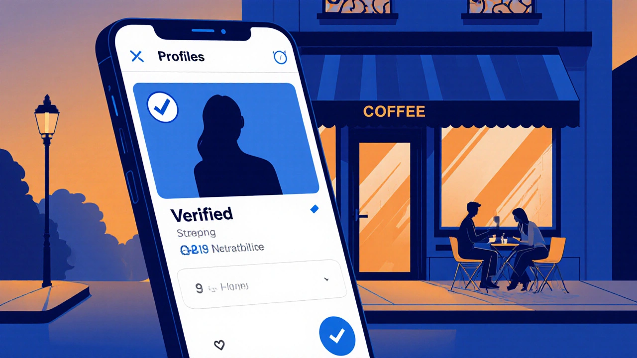 Smartphone affichant une application de rencontre vérifiée, silhouette d’une femme et scène d’un rendez‑vous public dans un café.