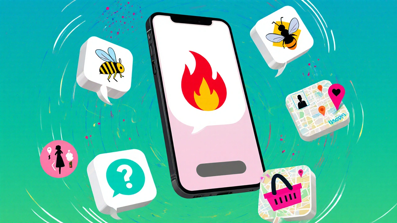 Smartphone entouré des symboles stylisés de Tinder, Bumble, OkCupid, Happn et AdopteUnMec avec leurs fonctions gratuites illustrées.