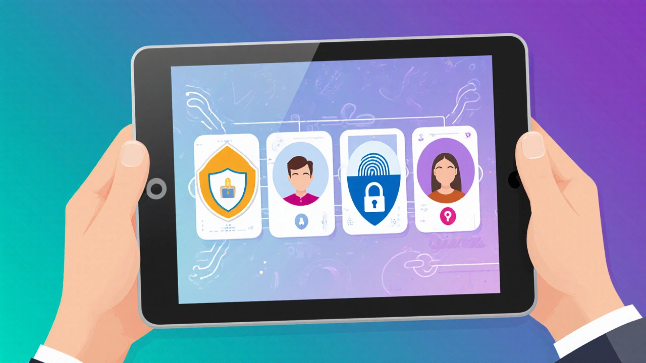 Tablette montrant cinq avatars d’applications de rencontre entourés de symboles de sécurité.