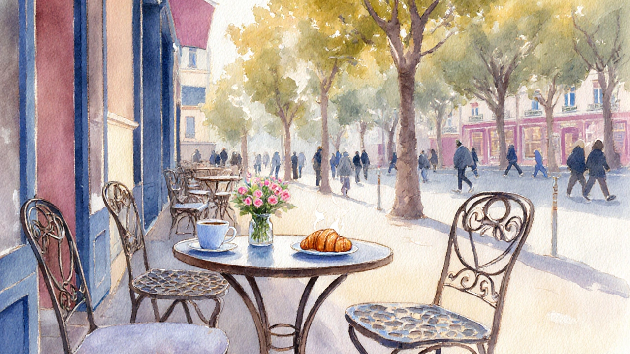 Terrasse de café parisien calme avec deux tasses de café au soleil.