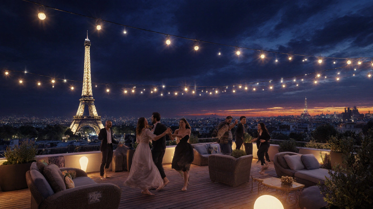 Toit du Le Nüba avec vue sur la tour Eiffel, danseurs au crépuscule.