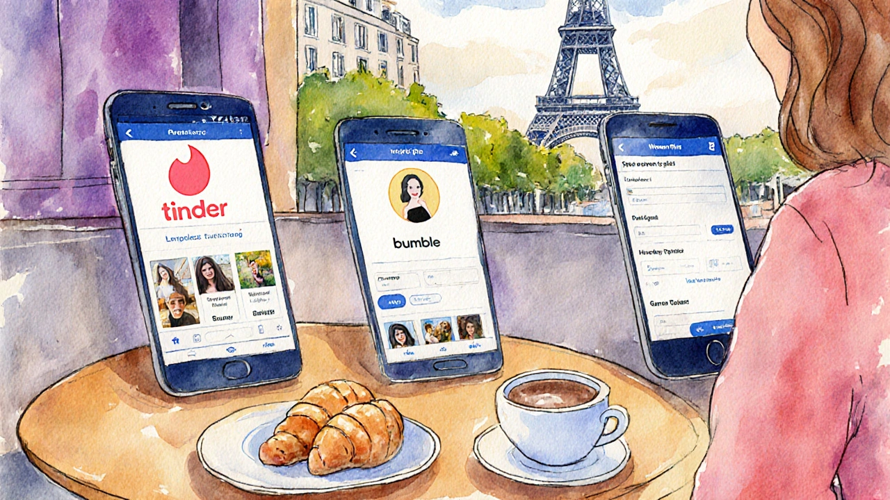 Trois téléphones sur une table de café, chaque écran montre les fonctions clés de Tinder, Bumble et Hinge.