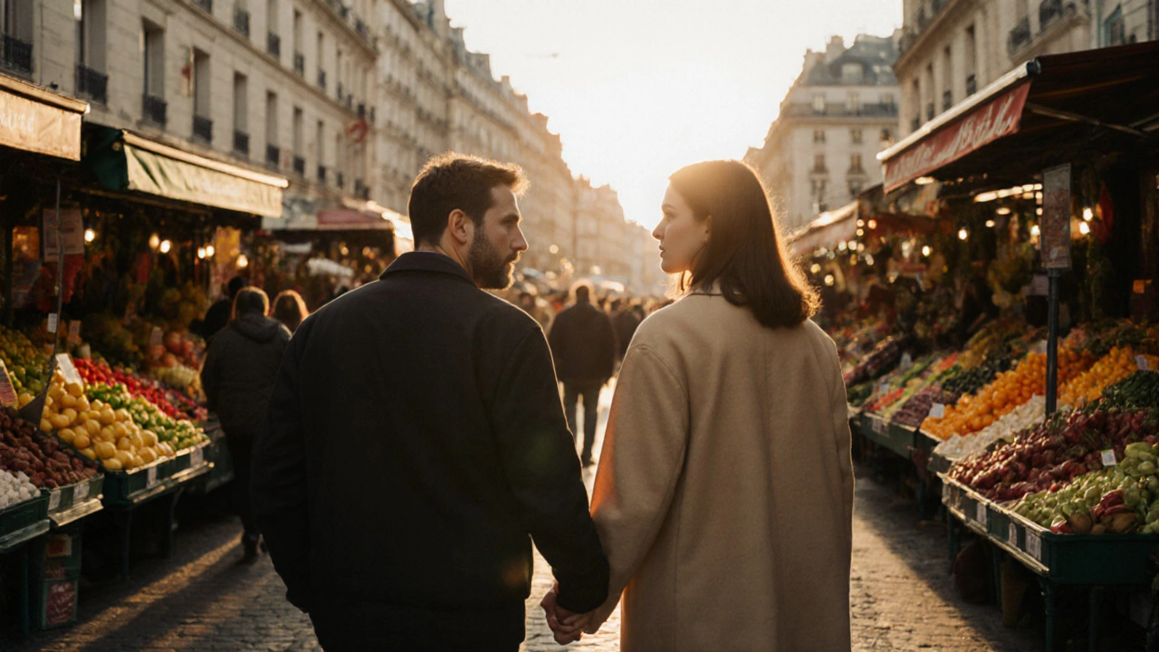 Un couple marchant main dans la main dans un marché parisien, en pleine conversation naturelle.