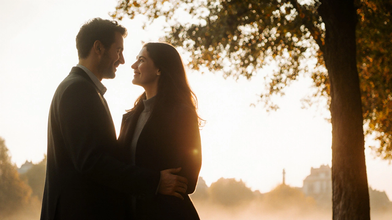 Un couple marche en silence dans un parc au coucher du soleil, les yeux se rencontrant.