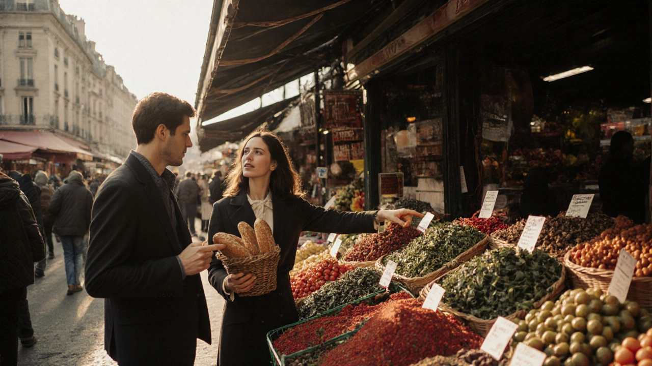 Un couple qui se rencontre pour la première fois au marché d'Aligre, entouré de fruits et légumes frais.