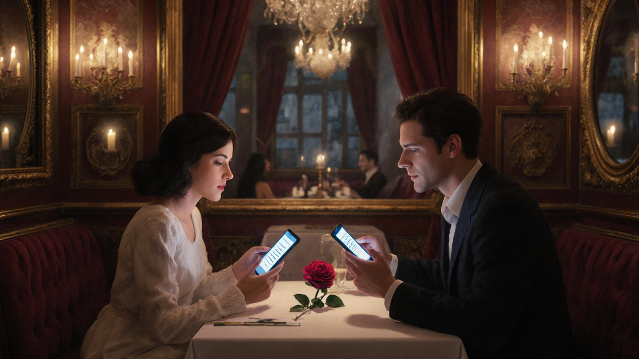 Un couple se rencontre pour la première fois au Procope, un code de sécurité s'affiche sur leurs téléphones.