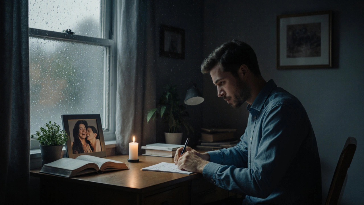 Un homme écrit une lettre à la main, dans une chambre calme, entouré de livres et de lumière douce.