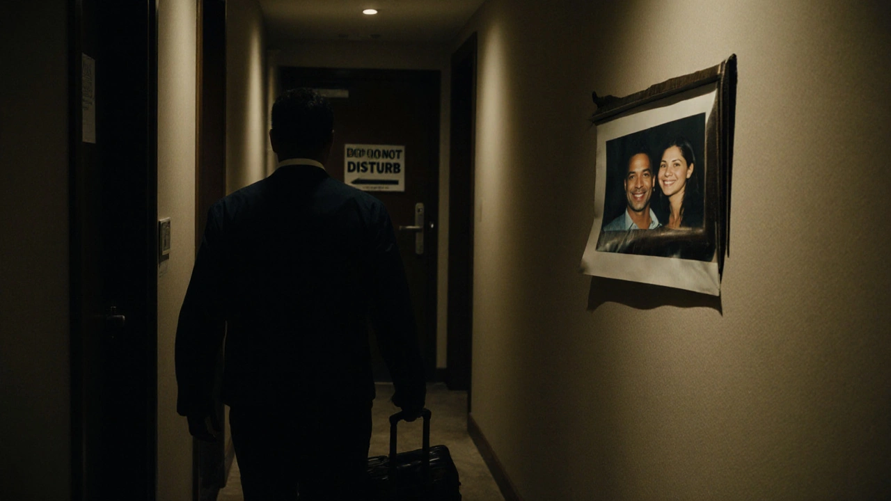 Un homme marchant dans un couloir d'hôtel la nuit, une photo de couple accrochée de travers sur le mur.