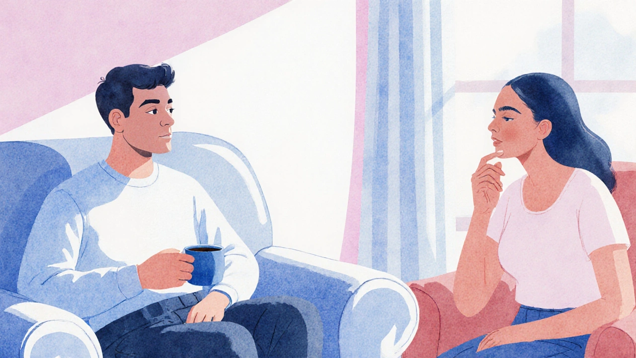 Un homme partage une anecdote vulnérable, tandis que la femme montre de l'empathie, style aquarelle.