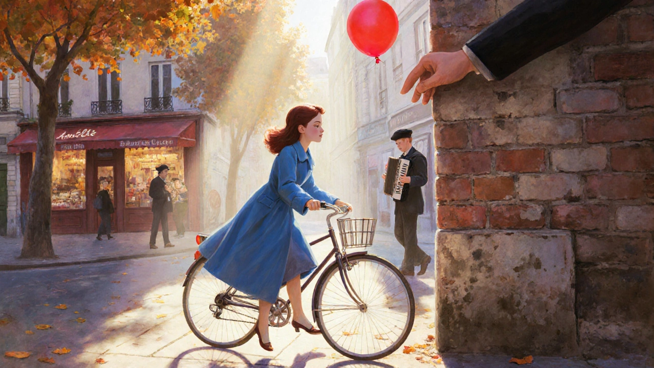 Une femme en bleu pousse un vélo à Montmartre, un ballon rouge flotte au-dessus d&#039;une boulangerie.