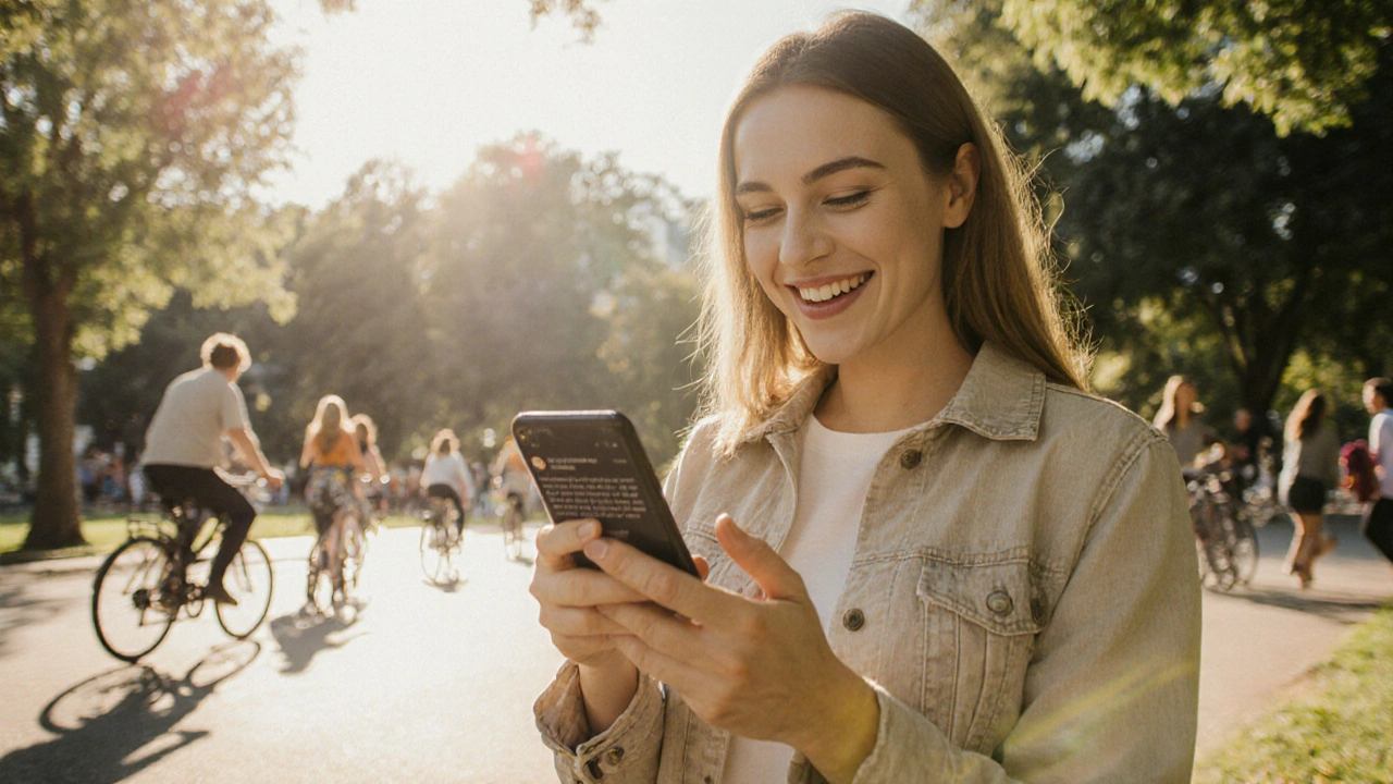 Une femme sourit en voyant un message authentique sur son téléphone, dans un parc animé.