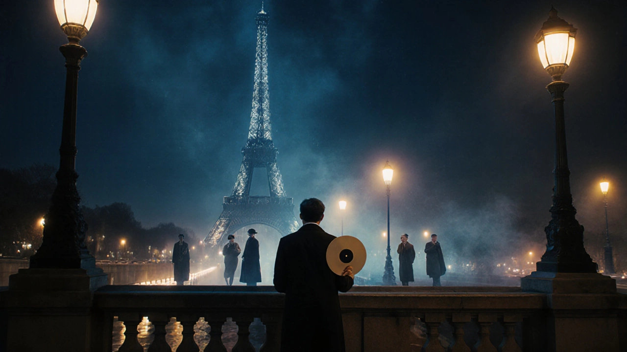 Une personne tient un disque vinyle sur un pont à Paris, avec une vision fantomatique des années 1920 en arrière-plan.