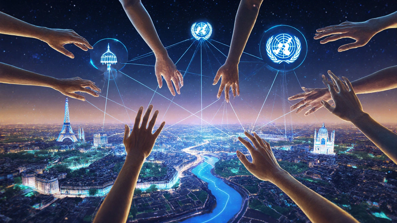 Une toile de mains internationales connectées par des fils lumineux à travers Paris.