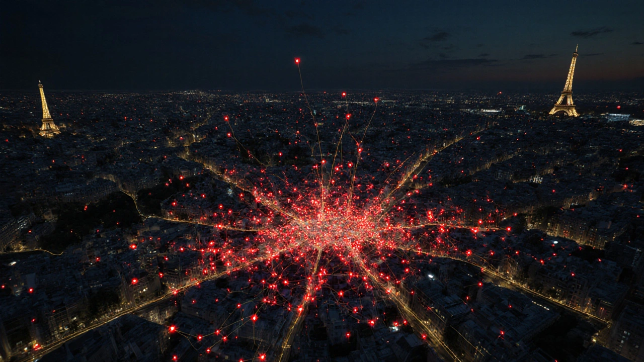 Carte de Paris la nuit avec des points rouges connectés, représentant des rencontres anonymes.