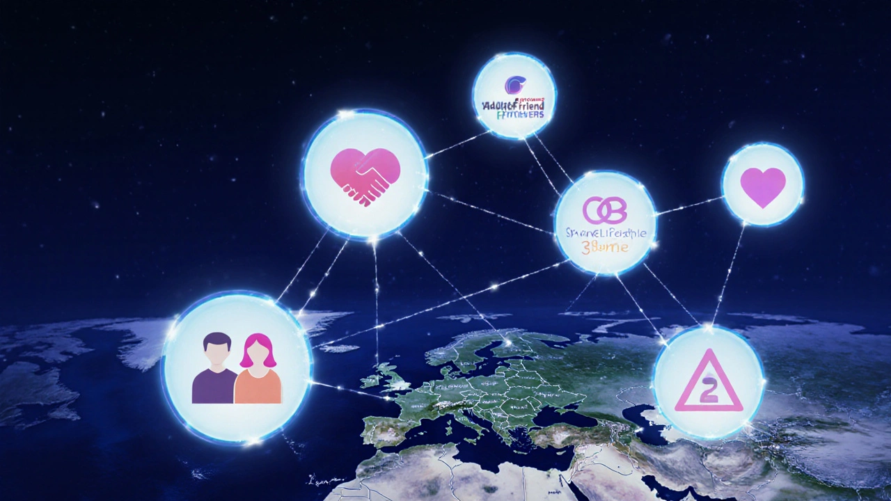 Cinq sphères lumineuses représentant les meilleurs sites libertins connectées sur une carte de l&#039;Europe.