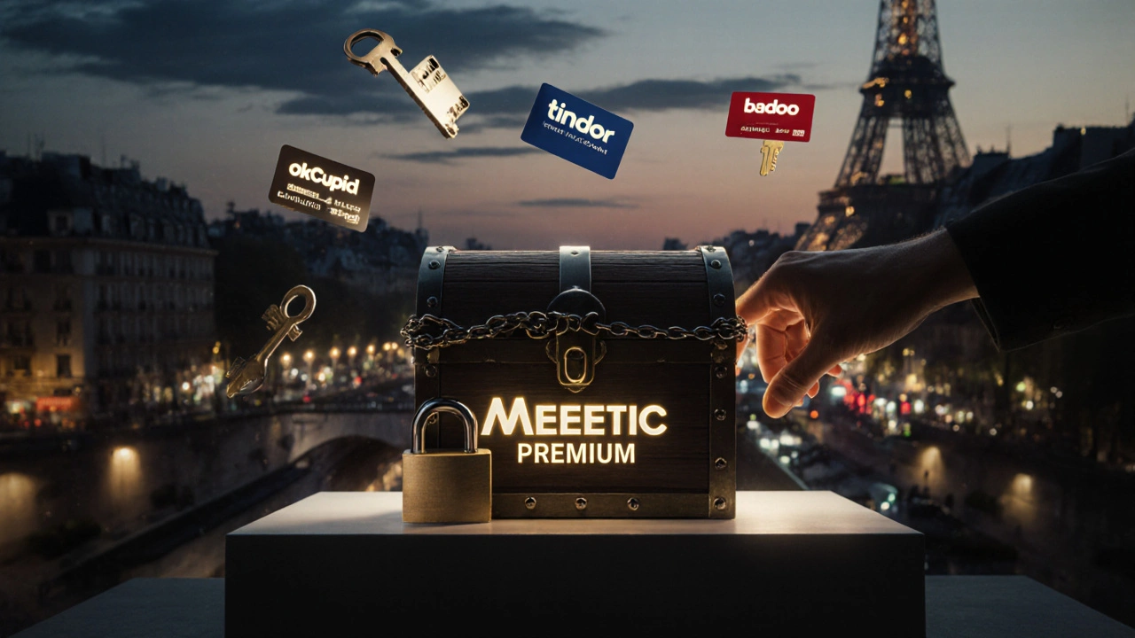 Coffre-fort verrouillé &#039;Meetic Premium&#039; entouré de clés d&#039;applications gratuites.