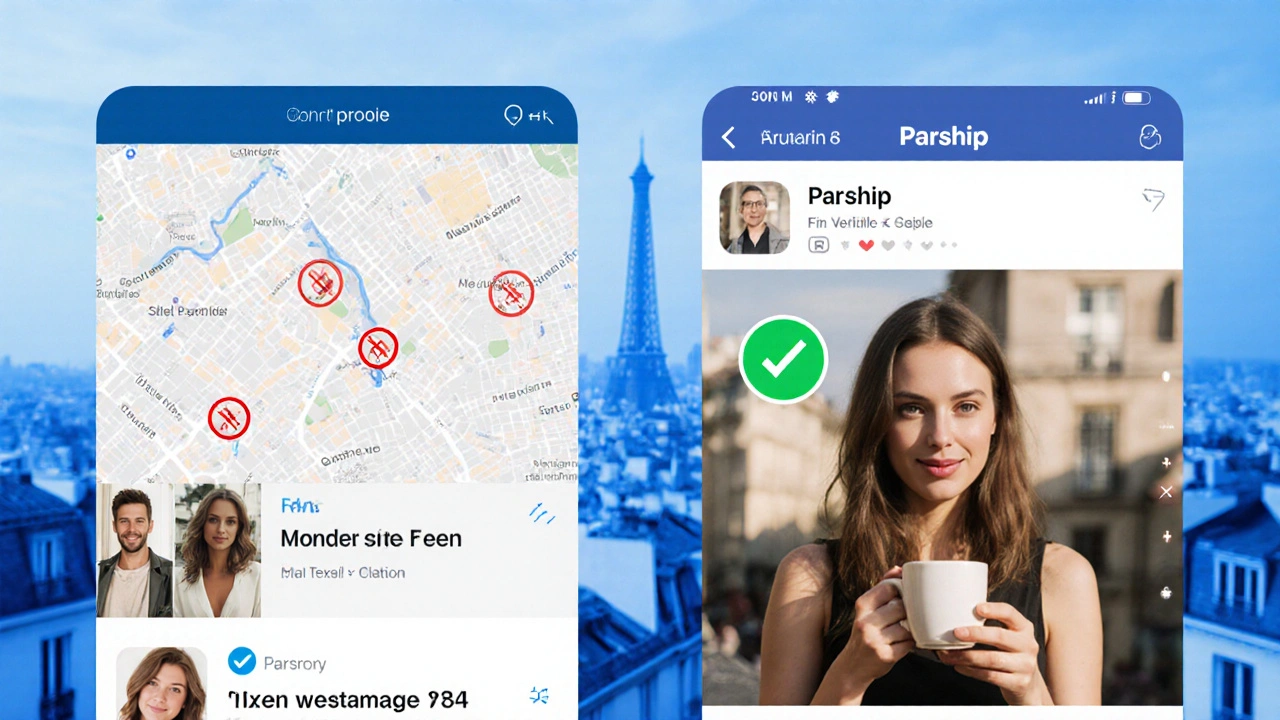 Comparaison visuelle d'un profil falsifié et d'un profil vérifié sur une application de rencontre sécurisée.