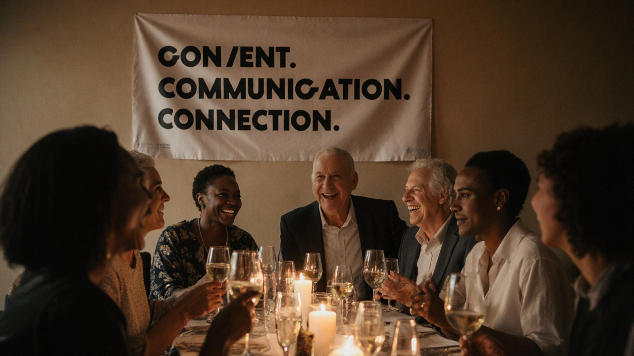 Des couples de divers âges partagent un dîner convivial dans un centre communautaire, entourés d&#039;une atmosphère de respect et de connexion.