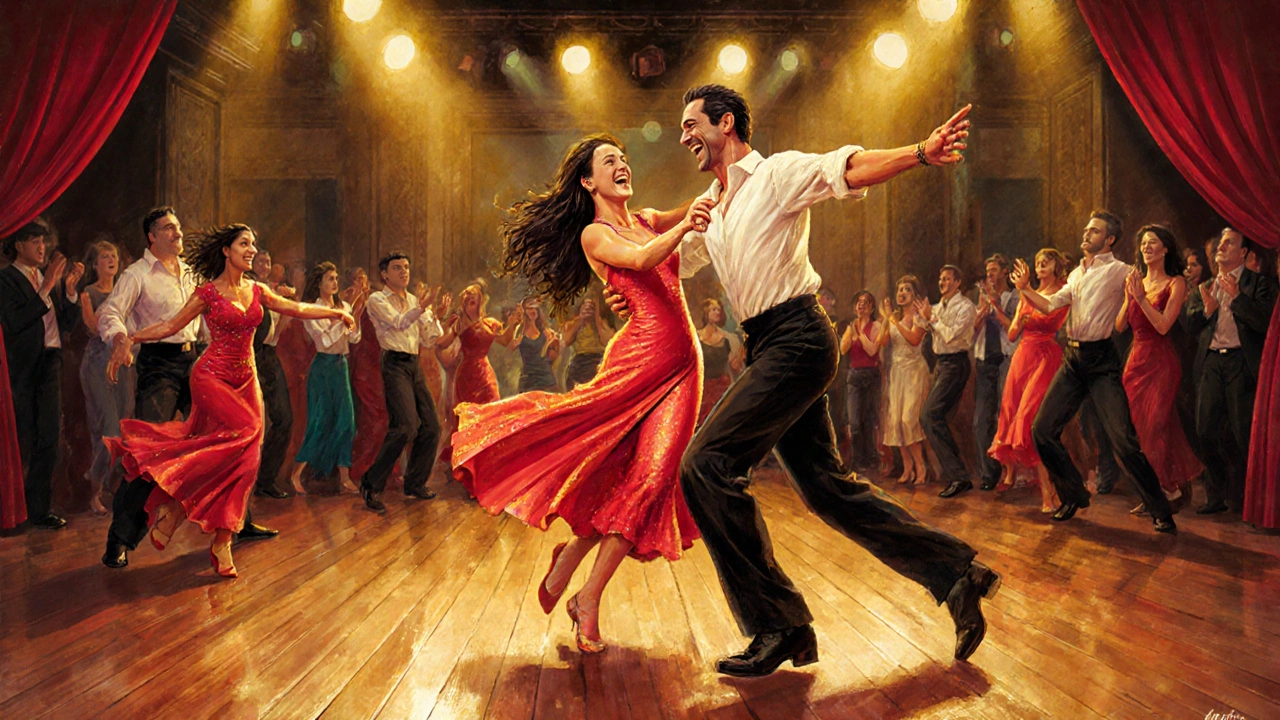 Des danseurs de salsa s&#039;amusent dans un cours animé à Paris, sous des lumières dorées.