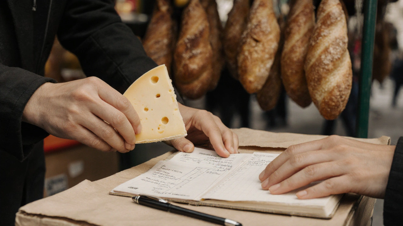 Des mains tenant du fromage et un cahier sur un étal de marché parisien, symbole d&#039;une rencontre authentique au quotidien.