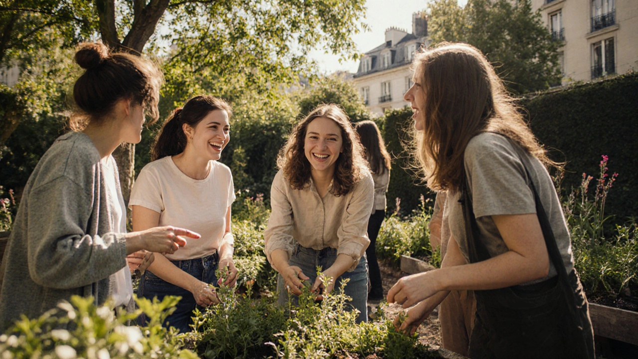 Des personnes travaillent ensemble dans un jardin partagé à Montmartre, créant des liens sincères.