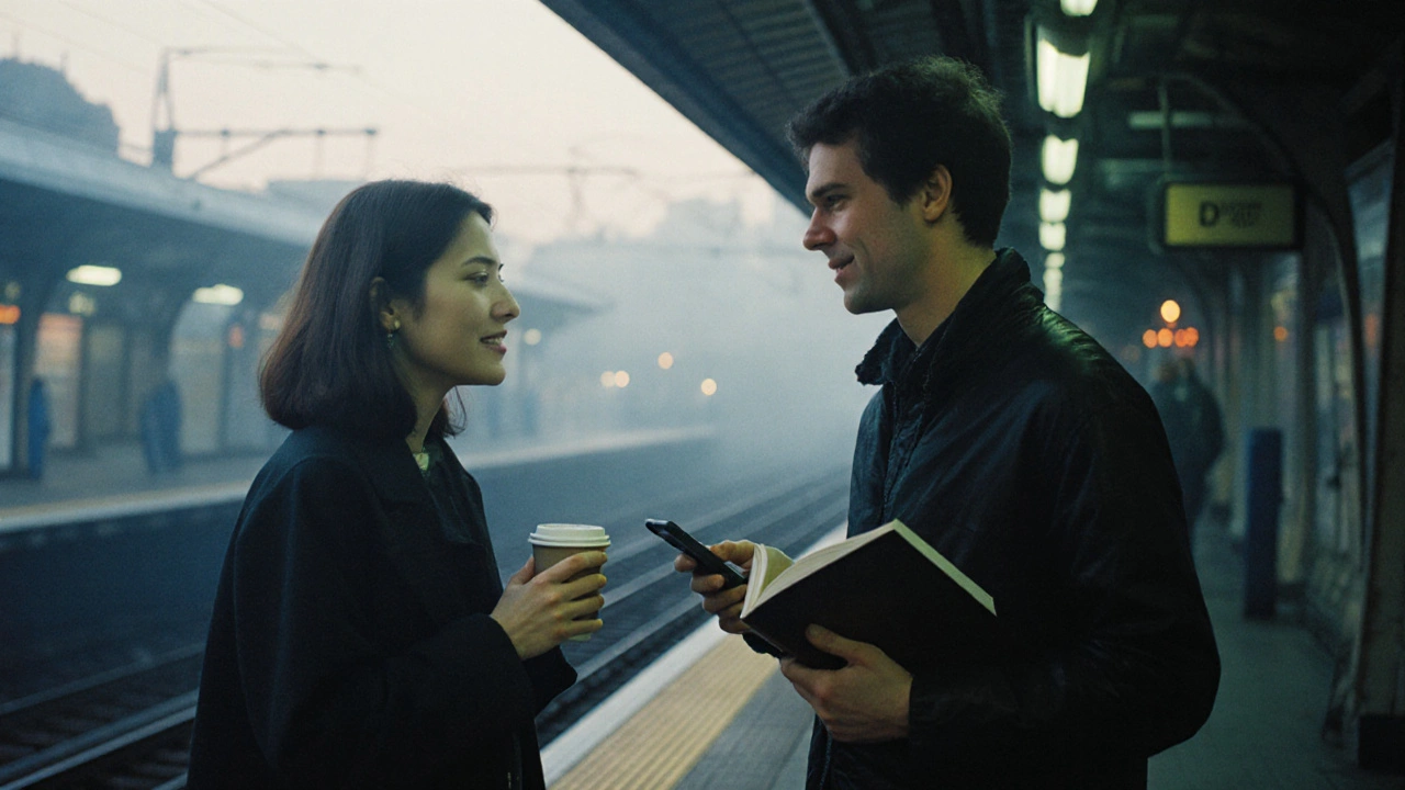 Deux inconnus qui échangent un sourire sur un quai de métro, sans parler, dans la pénombre.
